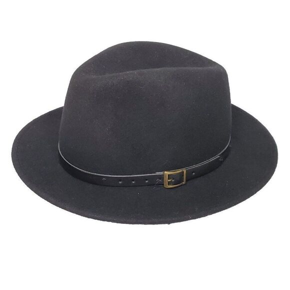 Black Wool Fedora Brim Hat Sz M 21.5" Belt Buckle Saks Fifth Avenue Italy - Picture 1 of 5